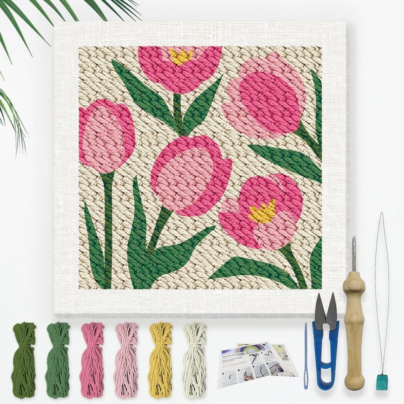 DOODLREAM Tulips DIY Punch Needle Embroidery Kit for Adult Beginner, 9.4" Flower Punch Stitching Craft Set for Starter with Frame, Fabric Pattern, Threader, Yarn, Pinch Needle - Image 1